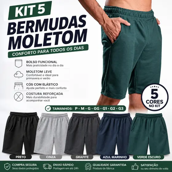 Conjunto 5 Bermudas Moletom Masculina: Conforto e Ajuste Perfeito do P ao G4 Plus Size