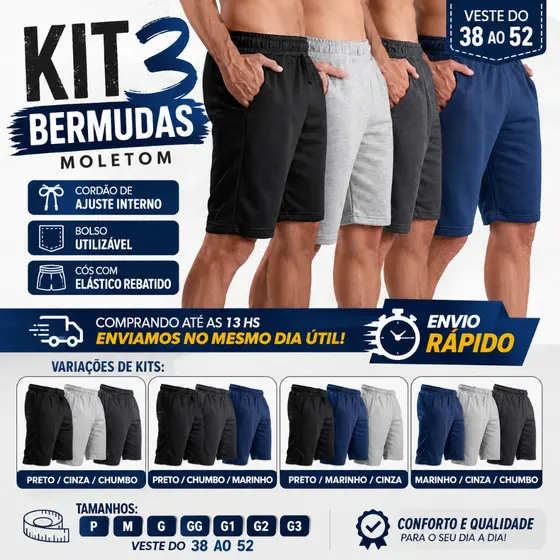 3 Bermudas Moletom Masculina  do P ao G3 Adulto Plus Size Academia Casual Dia a Dia Com Cordão de Ajuste e Bolso