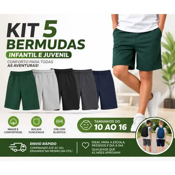 Kit Infantil e Juvenil  5 Bermudas Moletom Masculino Tamanhos 10 ao 16: Versatilidade e Durabilidade da TG Ecommerce