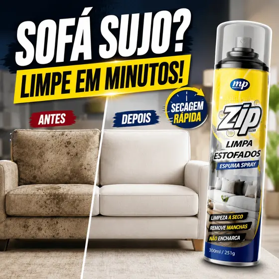 Espuma Spray Zip Clean 300ml Limpa a Seco Sofá, Estofado, Banco de Carro Limpeza Profunda Perfumado