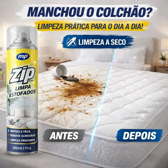 Limpa Estofados Colchão Zip Clean 300ml Espuma Spray Seco Sofá Banco Carro Remove Manchas Limpeza