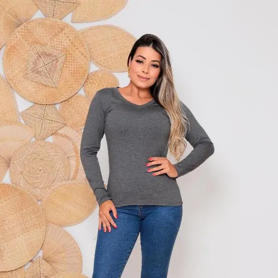 Blusa Básica Feminina Manga Longa em Malha Gola V Simples Casual Festa Strass