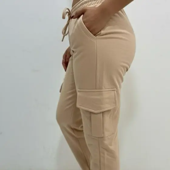 Calça Cargo Moletom Feminina Sem Punho Moda Blogueira Flanelada