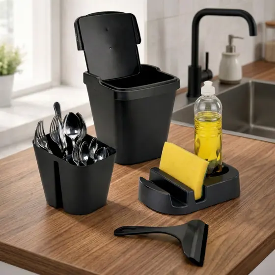 Kit Pia Cozinha 4 Peças Lixeira Bancada + Porta Talheres + Organizador Detergente Esponja + Rodinho