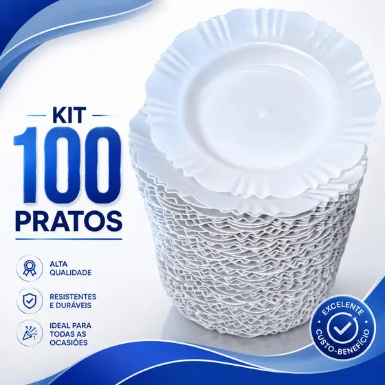 Kit 100 Pratos Branco Fundo Com Borda Plástico refeição churrasco festa jantar sopa Jogo de prato