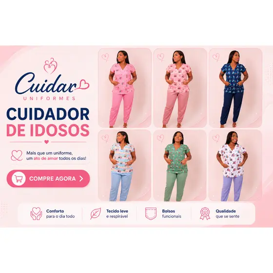 Scrub Conjunto Pijama Cirúrgico/Hospitalar  CUIDADOR DE IDOSOS  P ao PLUS SIZE DIVERSAS ESTAMPAS