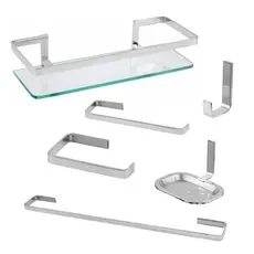 KIT ACESSÓRIOS BANHEIRO PAREDE MODELO STANDARD CROMADO COM PORTA SHAMPOO RETO 30X10cm