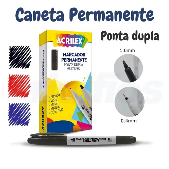 Caneta Permanente Ponta Dupla Acrilex Uso Geral | Plástico | Vidro | Madeira