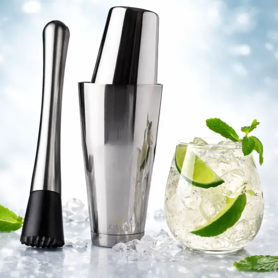 KIT COQUETELEIRA BOSTON + SOCADOR – AÇO INOX PROFISSIONAL