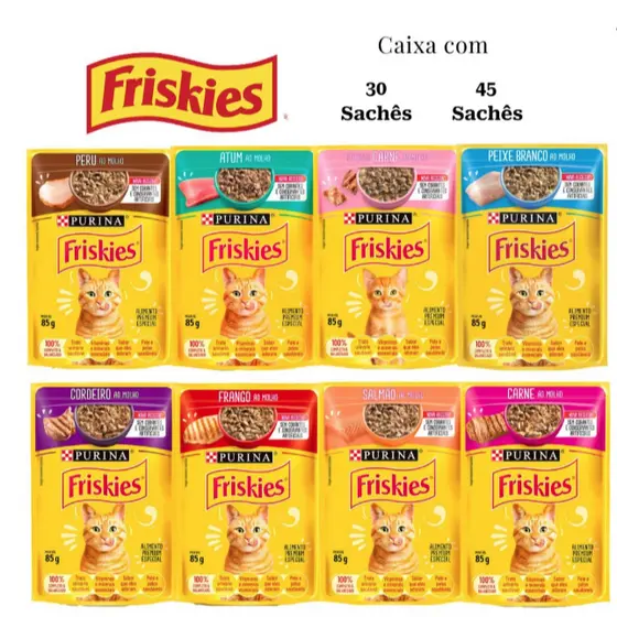 Kit 30 ou 45 Sachês Friskies Alimento Úmido Gatos Carne Frango Atum Peixe Branco Cordeiro Salmão Peru