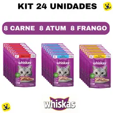 Kit 24 unidades Whiskas Sachê 85g Sachê para Gatos Adultos Sabores Frango Atum Carne Alimento Úmido