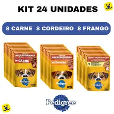 Kit 24 Sachê Pedigree 100g Cachorro Adulto Raças Pequenas Ração Úmida 8Carne + 8Frango +8Cordeiro