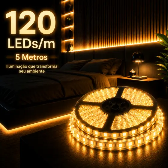 Fita LED 5m 600 LEDs Alto Brilho 12V Bivolt Autoadesiva Luz Fria Quente