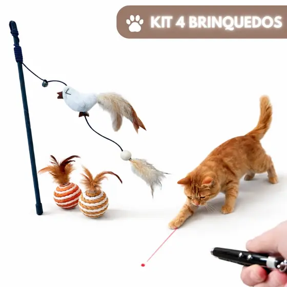 Kit Brinquedos Para Gato Interativo Laser Varinha com Pena 2 Bolinhas com Guizo Pet