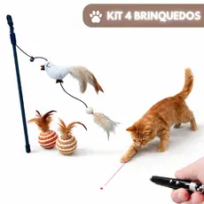 Kit Brinquedos Para Gato Interativo Laser Varinha com Pena 2 Bolinhas com Guizo Pet