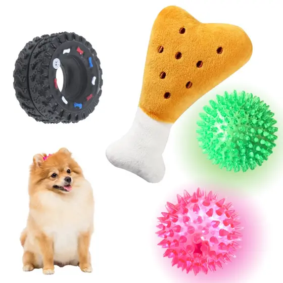 Kit Brinquedo Pet Bola de Led com Pelúcia com Apito e Mordedor Pneu com Apito 4 Peças
