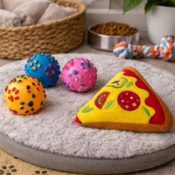 Kit Brinquedo Pet 3 Bolinhas com Pizza de Pelúcia com Apito Brinquedo Anti Estresse