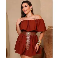 Macaquinho Feminino Macacao Vestido Soltinho Short Conjunto Crepe Duna Vestido Babado