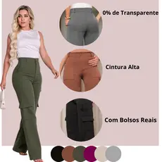 Calça Social Feminina Modelo Pantalona Alfaiataria Cargo Wide Leg Calsa Luxo Blogueira Moda