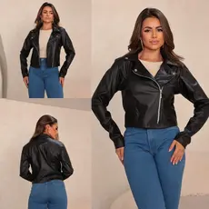 Jaqueta Feminina Couro Fake Preta Casaco Estilosa Moda Blogueira Inverno Jaqueta Preta Elegante