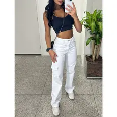 Calça jeans Wide leg Cargo com bolso Branca nivel