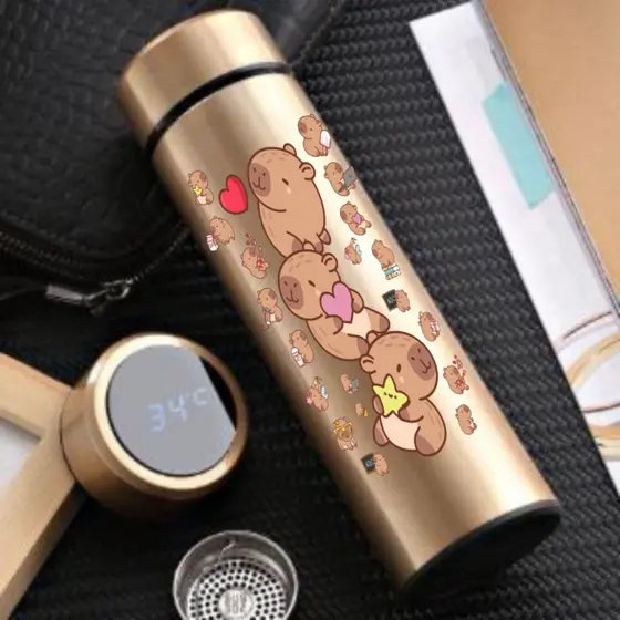 Garrafa Térmica Capivara Infantil 500ML Com Termômetro Led Desenhos Animados