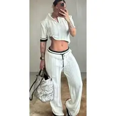 Conjunto Feminino Tricot Modal Blusa Gola Polo Calça Wide Leg com Cordão Detalhe em Listras Aerolook