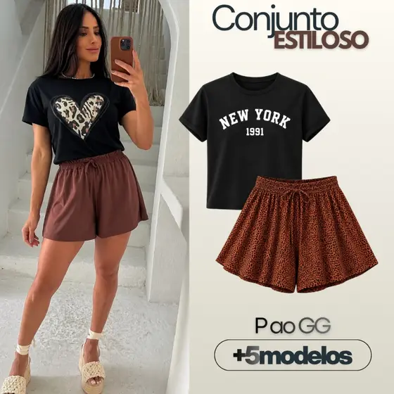 Conjunto Shorts Godê e T-shirt Blusa + 8 Estampas