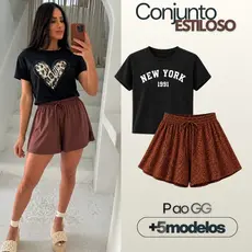 Conjunto Shorts Godê e T-shirt Blusa + 8 Estampas