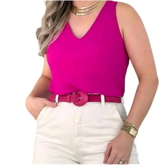 Blusa  Regata Gola V  Feminina Alça Larga Grossa Alfaiataria  Tendência Regata Lisa Básica Elegante