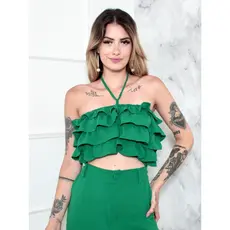Conjunto Feminino Calça Pantalona e Cropped Babado