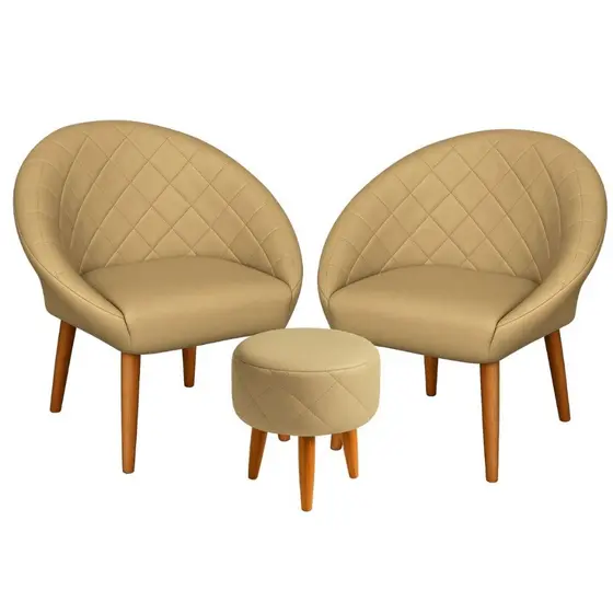 Jogo 2 Poltronas com Puff para Sala de Estar Tecido Corino Resistente Pés de Madeira Ergonômica