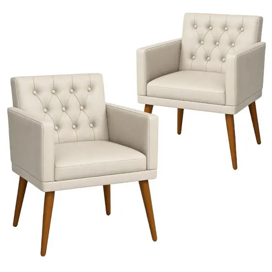 Kit 2 Poltronas Estofadas Tecido Corano Elegante para Sala de Estar Pés de Madeira Resistente