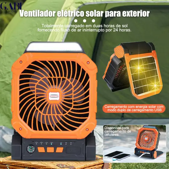 GABI-Ventilador Portátil com Recarga Solar e Power Bank - Fácil de Carregar, Ideal para Acampamentos e Viagens