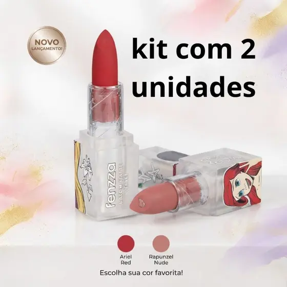 Batom Matte Velvet Fenzza Princesas Disney Ariel Rapunzel Longa Duração Alta Pigmentação Acabamento Aveludado 3,6g