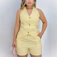 Conjunto Femenino Sensorial Marrante Plus Size Colete Gola V 3 Botões Chic e Short