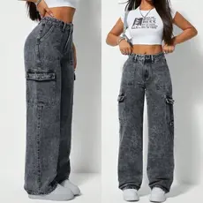 Calça Cargo Jeans Feminina Wid Leg Pantaona Cintura Alta 100% Algodão