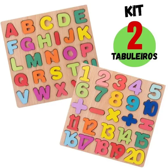 Kit 2 Tabuleiros Educativo Infantil Madeira Alfabeto de Madeira A-Z + Números e Símbolos