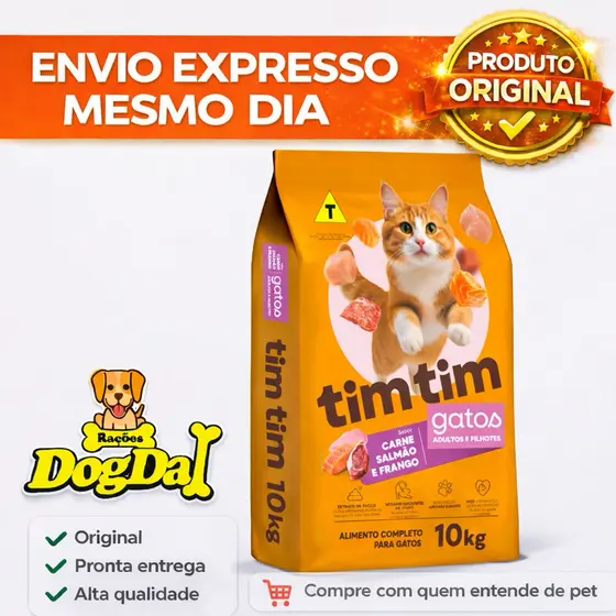 Ração Tim Tim Cat PREMIUM 10kg – Adultos e Filhotes | Carne, Salmão e Frango | Nutrição Completa