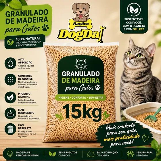 Granulado SUPER PREMIUM de Madeira 15kg para Gatos – Areia Higiênica Ecológica, Super Absorvente, Controle de Odores