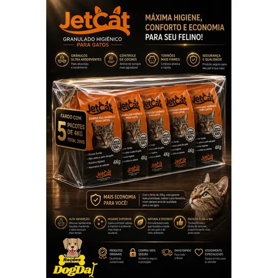 Areia JetCat Granulado Fardo 5x4kg (20kg) – Controle Total de Odores e Alta Durabilidade