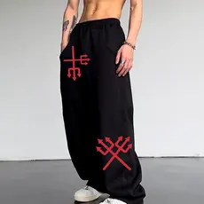 Calça Baggy Balão Wide Leg Streetwear Unissex Gótico Exu Tridente Infernal Horror Drip Umbanda Y2K