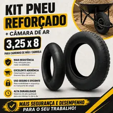 Kit Pneu Reforçado + Câmara Para Carrinho de Mão/Carriola 3,25 x 8