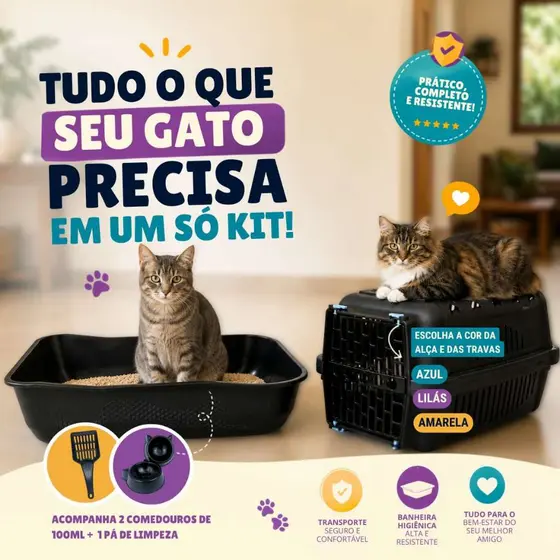 Kit Caixa de Areia Gatos Pet + Caixa Transporte Gato Grande Banheiro Sanitario Higienico Furba