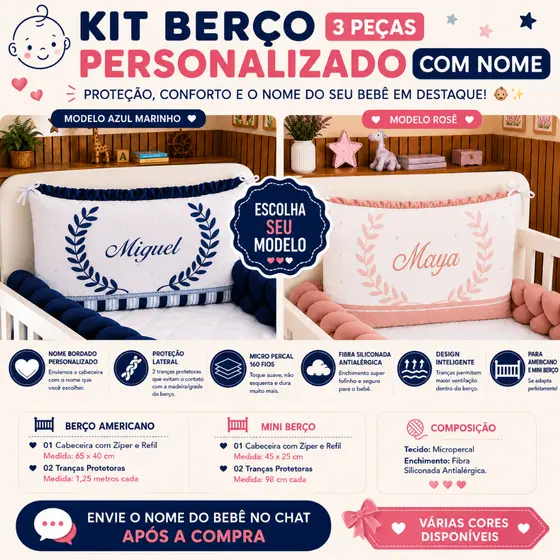 Kit berço americano ou portátil ou mini berço cabeceira travesseiro personalizado com nome + trança