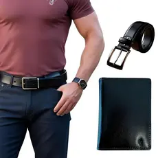 KIT CINTO E CARTEIRA COURO LEGITIMO PRETO SOCIAL MASCULINO PRESENTE DIA DOS PAIS 115CM