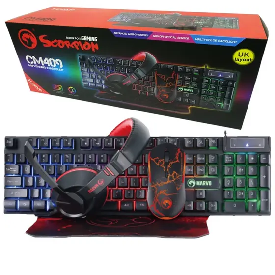 Combo Gamer Marvo CM-409 Teclado Iluminado Mouse Optico Headset e Mousepad Antiderrapante