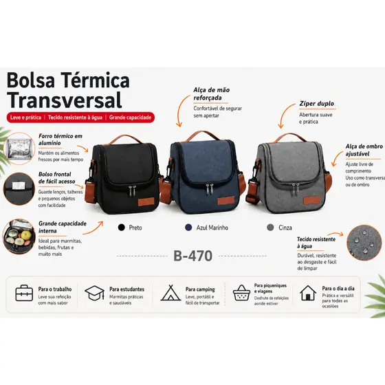Bolsa Térmica Com Alça Lanche Bebida Lancheira Portátil Trabalho Fitness B470