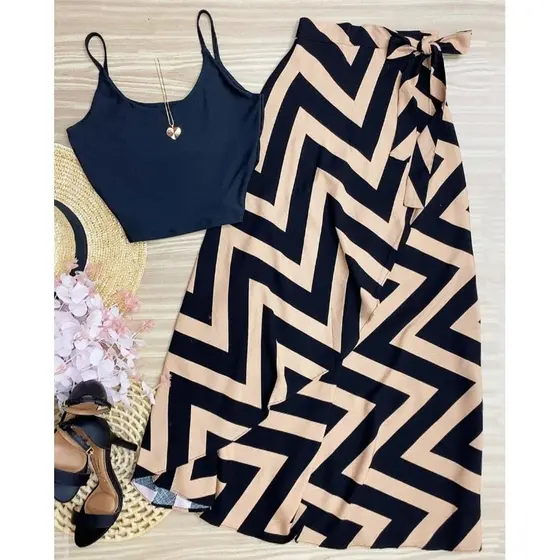 Conjunto Saia e Cropped Top Alcinha Verão/ SAIA Pareo Transpassada Listrada Elegante Moda Blogueira 2622.2511