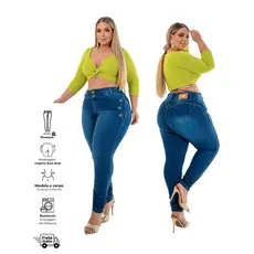 Calças Jeans Feminino Chic Lady Moda Skinny Ilhões Bolso Faca Falso Cintura Alta Lycra Cós Modelador